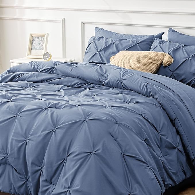 Bedsure Twin Comforter Set with Sheets - 5 Pieces Twin Bedding Sets, Pinch Pleat Slate Blue Twin Bed in a Bag with Comforter, Sheets, Pillowcase & Sham