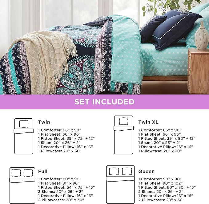 Degrees of Comfort Blue Twin XL Complete Comforter Sets, Boho Mandala Bed in A Bag,Microfiber Bedding Set with Side Pockets, Matching Decorative Pillow, 6 Piece Navy