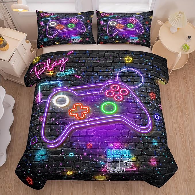 NINENINE Gaming Bedding Sets for Boys,6PCS Twin Bedding Sets for Boys,Gamer Comforter Sets for Kids Bedding Comforter Sheet Set(1Comforter,1Flat Sheet,1Fitted Sheet,1Cushion Cover,2Pillowcases)