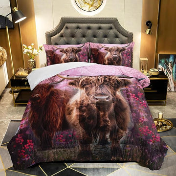 Cow Print Comforter Set Twin Size Cherry Blossoms Cow Bedding Set Farmhouse Animals Quilt Bed Set with 1 Comforter and 2 Pillowcases