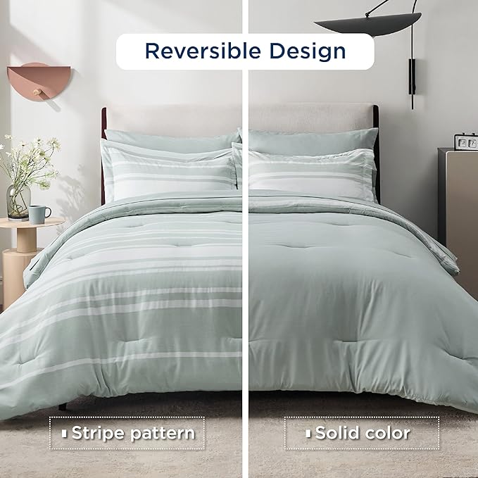 Bedsure Bed in a Bag California King Size 7 Pieces, Sage Green White Striped Bedding Comforter Sets All Season Bed Set, 2 Pillow Shams, Flat Sheet, Fitted Sheet and 2 Pillowcases