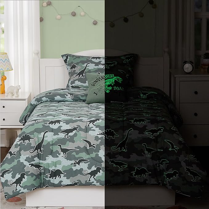 KALEIDOSPACE Kids Comforter Set Twin Size for Boys, Glow in The Dark Dinosaur Bedding Set Twin-1 Twin Comforter, 1 Decor Pillow, 1 Pillow Sham