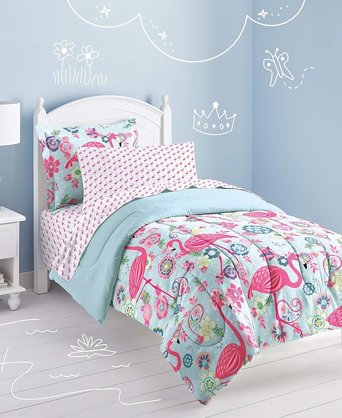 dream FACTORY Kids 5-Piece Complete Set Easy-Wash Super Soft Microfiber Comforter Bedding, Twin, Pink Flamingo