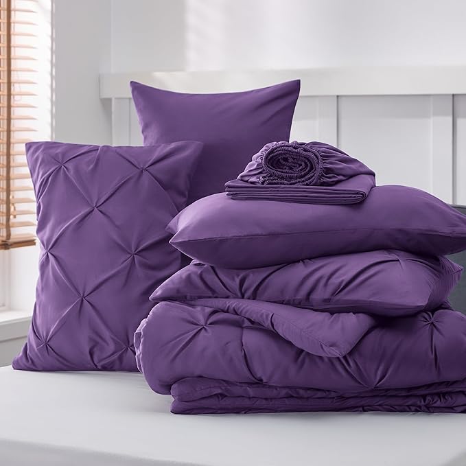 Bedsure King Size Comforter Set - Bedding Set King 7 Pieces, Pintuck Bed in a Bag Purple Bed Set with Comforter, Sheets, Pillowcases & Shams