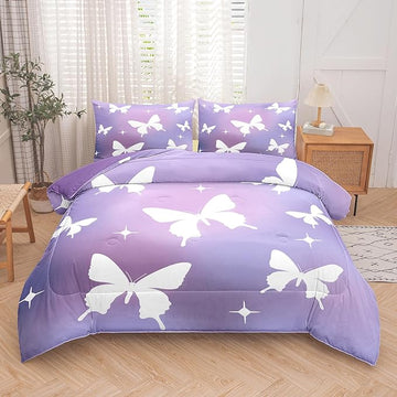 Tailor Shop Butterfly Comforter Sets Queen Size,Purple Butterfly Bedding Sets for Girls Kids Teens with 2 Pillowcase…