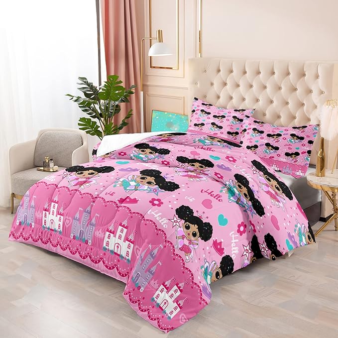 Black Girl Comforter Set, Pink Girls Queen Comforter Set 3 Piece Cute Pattern African American Black Girls Comforter Set Decor Kids Girls Teens Bedroom with 1 Comforter 2 Pillowcases