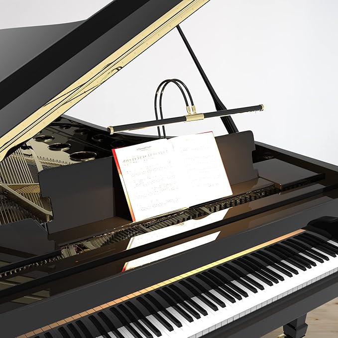 Cocoweb 22" Grand Piano Lamp, LED, Adjustable, Quality Lighting in Black with Brass Accents, with Rechargeable Battery Pack - GPLEDV-22D-BP4
