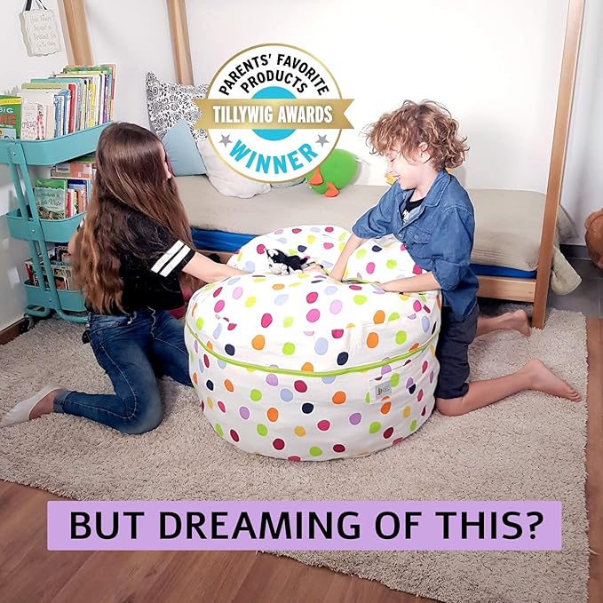 2 Sizes in 1 Stuffed Animal Storage Bean Bag Chair Cover for Kids & Adults | Washable XL Stuffie Seat | 100% Cotton | Pouf Organizer for Plush Toys, Linens, Quilts & Pillows | Polka Dots