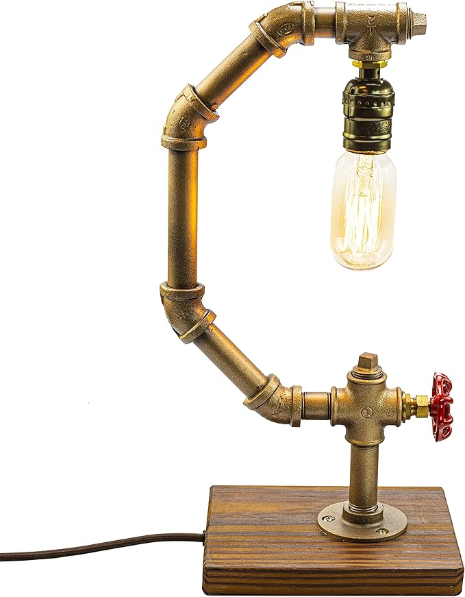 Steampunk Lamp with Dimmer, Dimmable Loft Style Industrial Vintage Antique Style Light with Bulb, Wood Base with Iron Piping Desk Lamp, Retro Desk Lamp LL-032