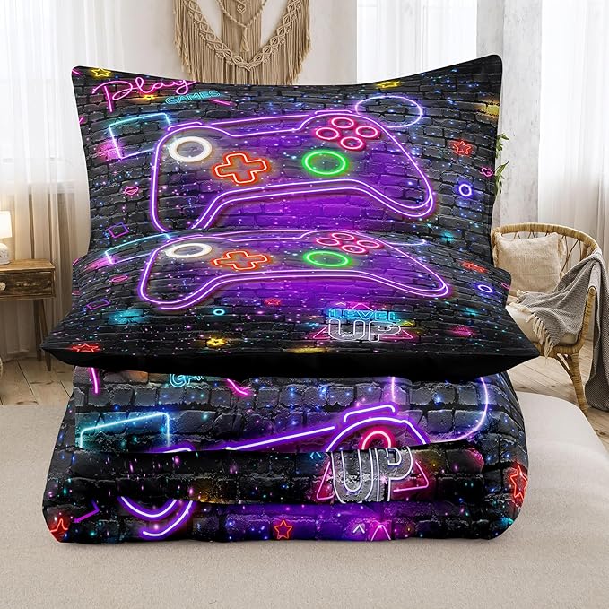 NINENINE Gaming Bedding Sets for Boys,6PCS Queen Size for Boys,Gamer Comforter Kids Teens Bedding Comforter Sheet Set(1Comforter,1Flat Sheet,1Fitted Sheet,1Cushion Cover,2Pillowcases)…