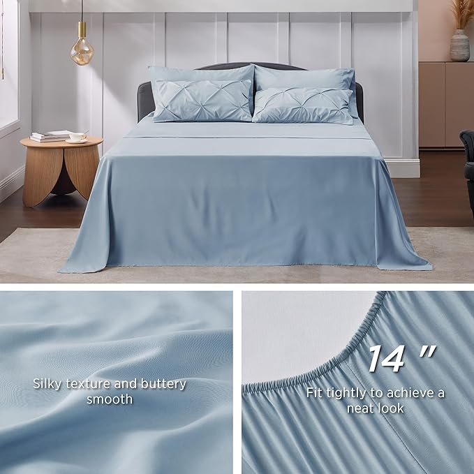 Bedsure Blue Comforter Set Queen - Bed in a Bag Queen 7 Pieces, Pintuck Bedding Sets Light Blue Bed Set with Comforter, Sheets, Pillowcases & Shams