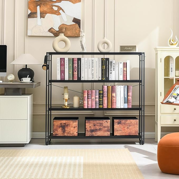 HCHQHS Bookshelf, 4-Tier Industrial Bookcase, Black Open Book Shelf, Freestanding Tall Bookshelves with Metal Frame