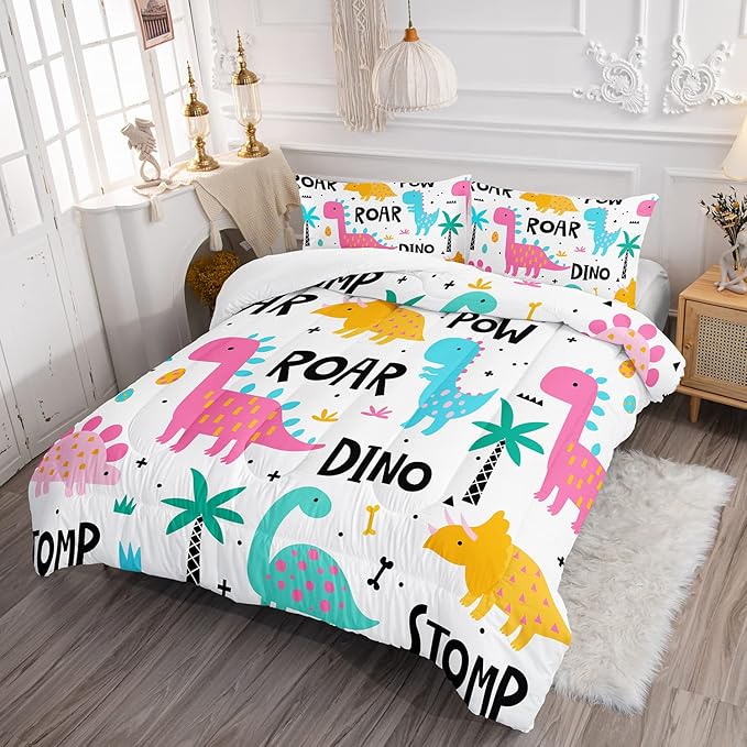Axolotl Girls Bedding Cartoon Dinosaur Comforter Set Queen Size,Cute Dinosaur Bedding Set for Girls Teens Kids Boys Adults Room Decor,Kids Comforter Set All Season,1 Quilt 2 Pillow Cases,White