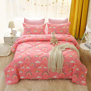Twin Rainbow Comforter Set for Kids Girls Teens 7 Piece Pink Cloud Sun Pink Bed in a Bag 3D Cute Cartoon Love Hearts Bedding Set