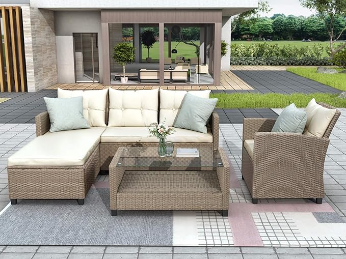 4 Piece Outdoor Patio Furniture Set, Sectional Conversation All-Weather Grey PE Wicker w/Seat Cushions for Backyard Porch Garden Poolside Balcony, Onesize, Ob-Beige