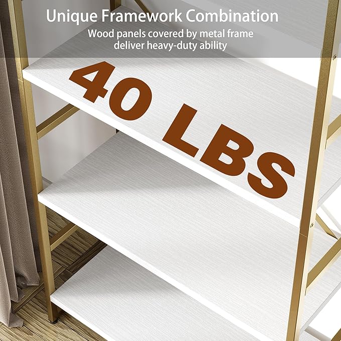 Shintenchi 2 Pieces 5 Tiers Bookshelf, Classically Tall Bookcase Shelf, Industrial Book Rack, Modern Book Holder in Bedroom/Living Room/Home/Office, Storage Rack Shelves for Books/Movies-Gold