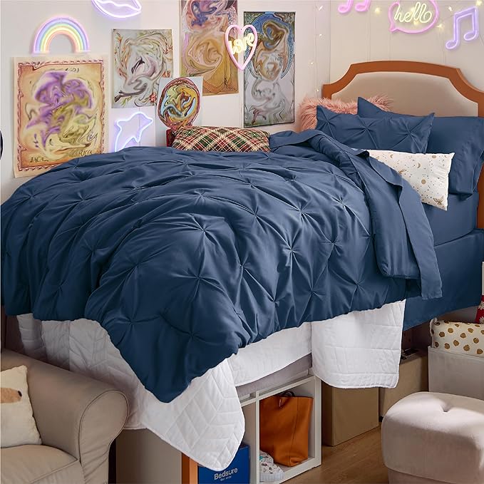 Bedsure Twin Comforter Set with Sheets - 5 Pieces Twin Bedding Sets, Pinch Pleat Navy Blue Twin Bed in a Bag with Comforter, Sheets, Pillowcase & Sham