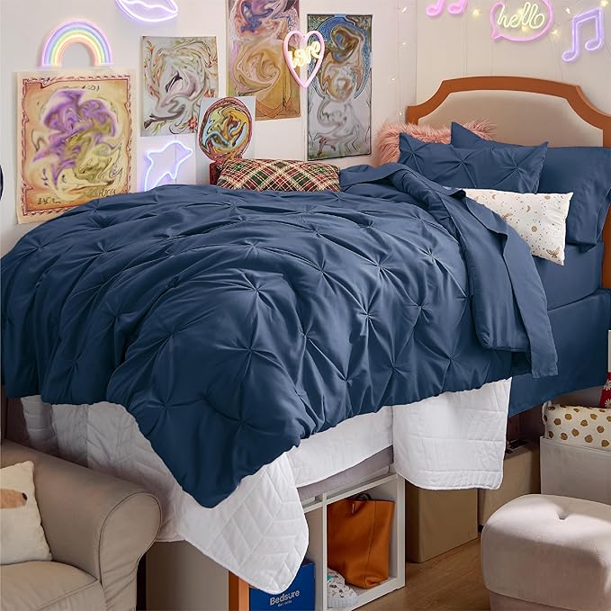 Bedsure Twin XL Comforter Set for Boys - Extra Long 5 Pieces Dorm Bedding Sets, Pinch Pleat Navy Blue Bed in a Bag with Comforter, Sheets, Pillowcase & Sham