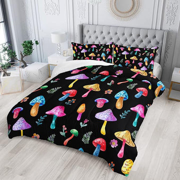 Colorful Mushroom Comforter Set Full Size Kids Mushroom Flora Bedding Set Botanical Plant Theme Print Quilt Bed Set for Boys Girls Adults with 1 Comforter and 2 Pillowcases