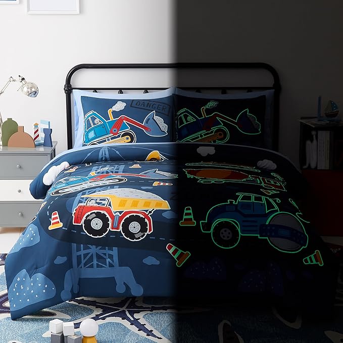 Truck Tractor Excavator Full Size Comforter Sets - Bedding Sets Full 7 Pieces for Boys, Glow in The Dark Bed in A Bag Full Size for Kids, Teens