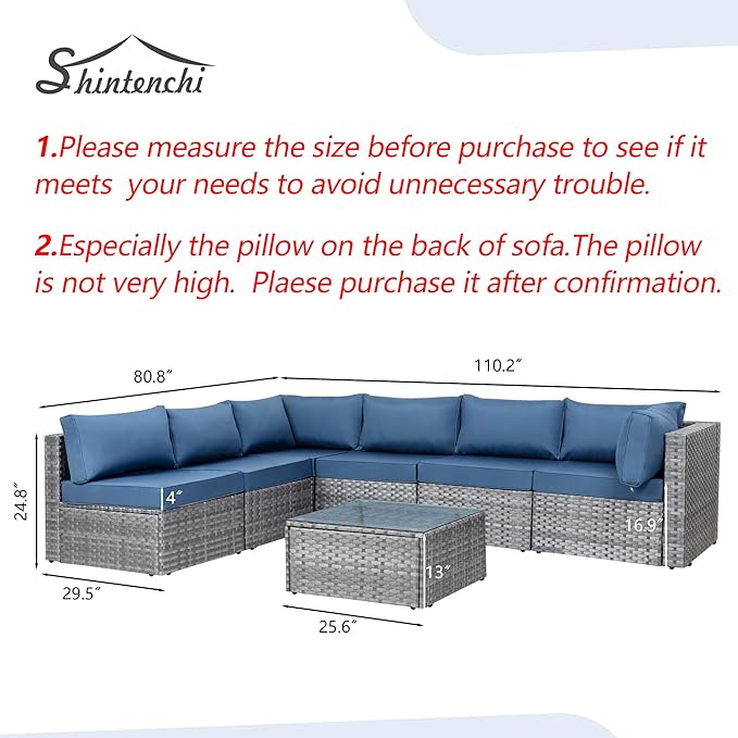Shintenchi 7 Pieces Outdoor Patio Sectional Sofa Couch, Silver Gray PE Wicker Furniture Conversation Sets with Washable Cushions & Glass Coffee Table for Garden, Poolside, Backyard (Aegean Blue)