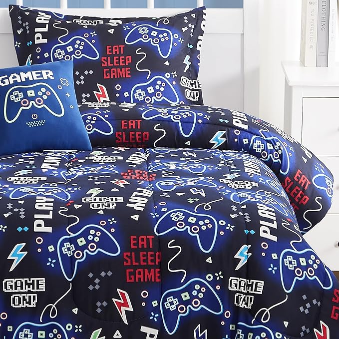 Kids Comforter Set Twin Size for Boys, Glow in The Dark Black Gamer Bedding Set Twin-1 Twin Comforter, 1 Decor Pillow, 1 Pillow Sham