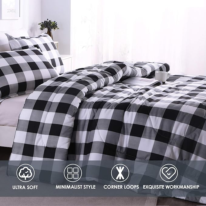 Andency Black Plaid Comforter Set King Size (90x104 Inch), 3 Pieces (1 Gingham Comforter and 2 Pillowcases), Summer Lightweight Microfiber Buffalo Check Down Alternative Comforter Set