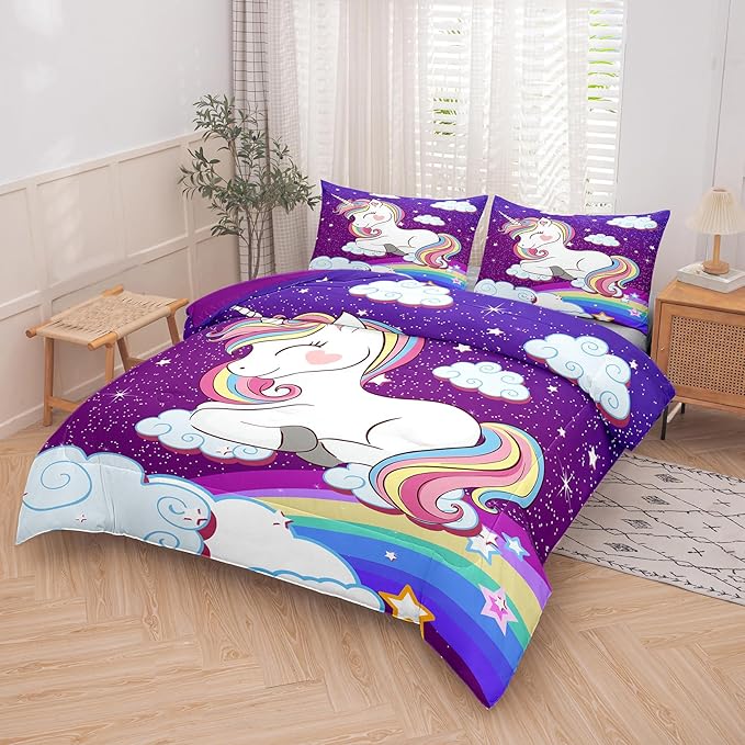 Tailor Shop Unicorn Bedding Sets Twin Size,Purple Unicorn Comforter Sets for Girls Kids Teens with 1 Pillowcase…