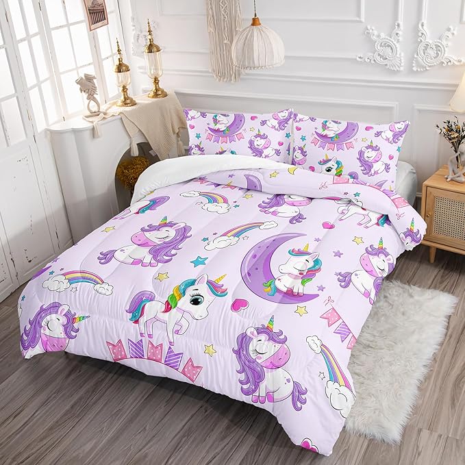 Axolotl Purple Unicorn Comforter Set Full Size,Girls Bedding Set,Cute Unicorn Rainbow Bedding Set with Stars for Kids Girls Teens Adults Women,1 Comforter with 2 Pillowcase Unicorn Gifts for Girls
