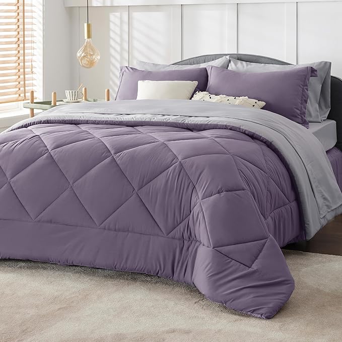 Bedsure Grayish Purple Full Size Comforter Set - 7 Pieces Reversible Full Bed in a Bag, Full Bed Set Grayish Purple and Grey with Comforters, Sheets, Pillowcases & Shams
