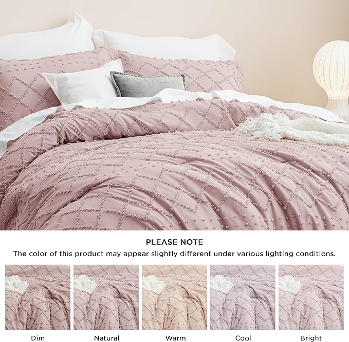 Bedsure Full Size Comforter Set - Dusty Rose Comforter, Boho Tufted Shabby Chic Bedding Comforter Set, 3 Pieces Vintage Farmhouse Bed Set for All Seasons, Fluffy Soft Bedding Set with 2 Pillow Shams