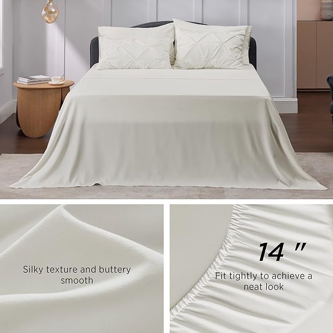 Bedsure Ivory Comforter Set Queen - Bed in a Bag Queen 7 Pieces, Pintuck Bedding Sets Ivory Bed Set with Comforter, Sheets, Pillowcases & Shams