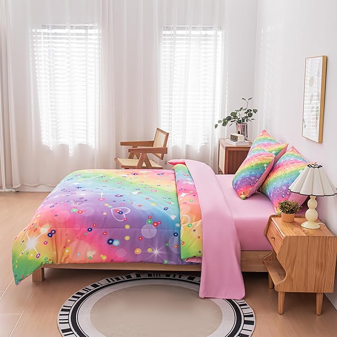 Full Size Comforter Sets for Girls, Kids Bedding Sets for Girls, Rainbow Comforter Full, 6 Pcs Bed in a Bag Girls (1Comforter, 1Flat Sheet, 1Fitted Sheet, 1 Pillow Cover, 2Pillowcases)