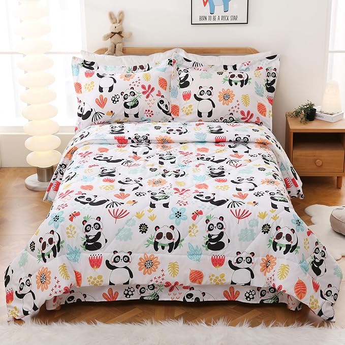 JSD Panda Flower Kids Comforter Set, 3 Pieces Queen Microfiber Comforter with Pillow Sham, Soft Comfortable Machine Washable