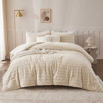 Andency Beige Fleece Comforter Set Queen Size, 3 Pieces Shaggy Faux Fur Bedding Comforter Set for Queen Bed, Fuzzy Plush Warm Sherpa Bed Comforter Set for Women Man
