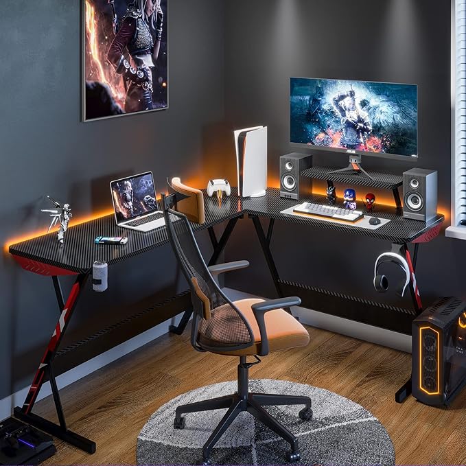 MOTPK L Shaped Gaming Desk 58 Inch, Gaming Computer Desk L Shape with Carbon Fiber Surface, Gamer Desk Gaming Table with Monitor Shelf, Cup Holder & Headphone Hook, Black