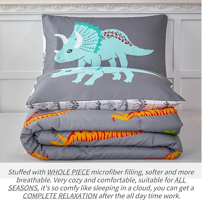 RYNGHIPY Dinosaur Kids Comforter Set Cartoon Dinosaur Bedding Sets for Boys 3 Pieces Full Microfiber Comforter with Pillowcases Soft Lightweight (Dark Grey,Full)