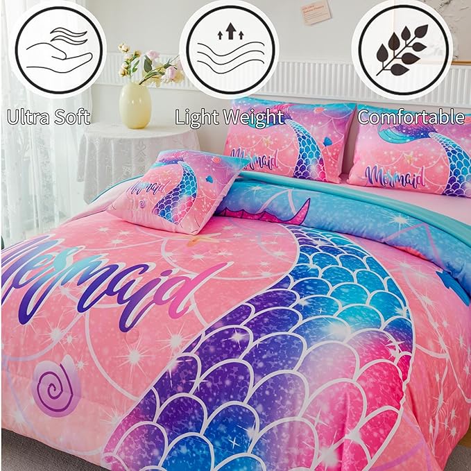 RYNGHIPY Mermaid Kids Girls Comforter Set Twin Size Pink Blue Gradient Fish Tail Bed in a Bag - includes Comforter & Sheet Set for Teens Girls Super Soft Kids Bedding