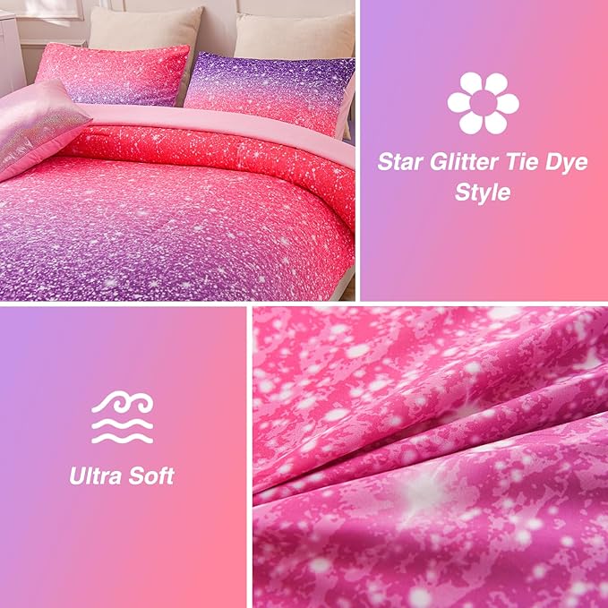 A Nice Night Girls Comforter Set Full 6 Piece Bed in A Bag 3D Colorful Sparkle Galaxy Rainbow Bedding Comforter Sheet Sets for Kids,RedPurple