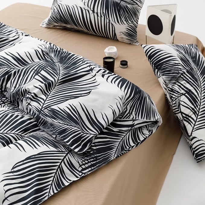 Comforter Set, Full Size, Black Leaves, Modern Boho, 3PCs, All Seasons, Cotton, Breathable, Durable, Ideal Gift, Unisex, Botanical, Lightweight, Warm, Washes Cold, Low Dry