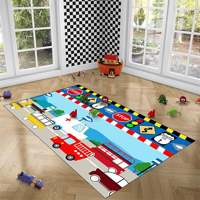 Cartoon Ambulance Car Area Rug Car Carpet for Kids Play Rug for Cars and Trucks Car Rug Play Mat Car Track Rug Truck Rugs for Boys Room Rugs for Boys Bedroom,Light Blue 3'×5'
