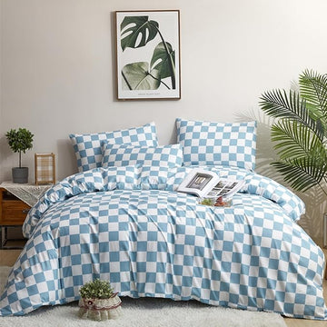 Blue White Grid Comforter Set King Blue Plaid Bedding Set Women Blue and White Checkered Bed Comforter Set Breathable Blanket Set Men Durable Bedding Comforter Set