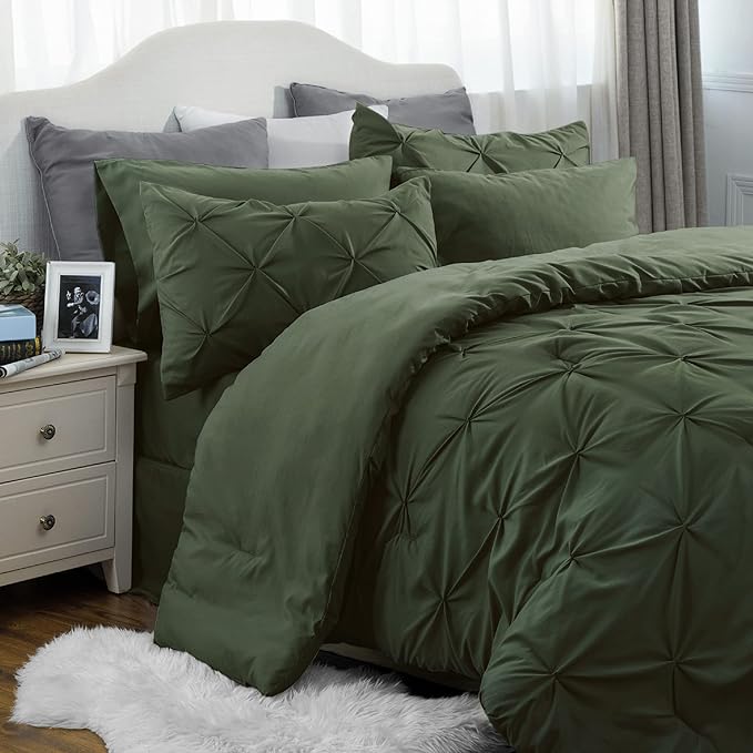 Bedsure King Size Comforter Set - Bedding Set King 7 Pieces, Pintuck Bed in a Bag Olive Green Bed Set with Comforter, Sheets, Pillowcases & Shams