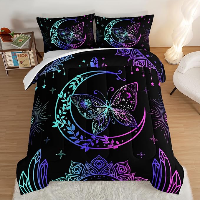 HOSIMA Butterfly Comforter Set 3Piece with 2 Pillowcases,Black Comforter Butterfly Aesthetics Room Decor,Boho Mandala Comforter Butterfly Bedding Set for Girls,Bohemian King Size Comforter Set.