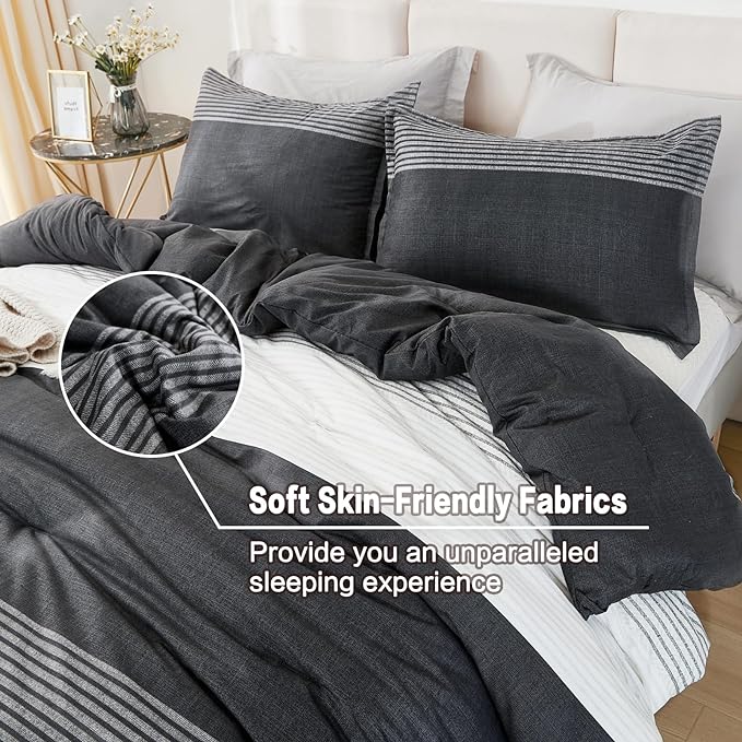 Litanika California King Comforter Set Black White Grey - 3 Pieces Cal King Oversized Lightweight Colorblock Stripe Bedding Set (104x96In, 2 Pillowcases)