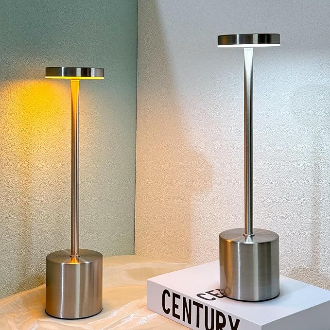2 Pack Cordless Table Lamp Rechargeable 5000mAh Battery Operated Portable LED Desk Lamp 3 Color Temperature Stepless Dimming for Bedroom Restaurant Coffee Shop Party (Silver)