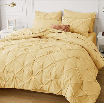 Bedsure King Size Comforter Set - Bedding Set King 7 Pieces, Pintuck Bed in a Bag Yellow Bed Set with Comforter, Sheets, Pillowcases & Shams