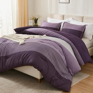 Litanika Purple Full Comforter Set, 3 Pieces Striped Bedding Set, Lightweight Soft All Season Down Alternative Comforter Set with Corner Loops (1 Gray&Purple Comforter, 2 Pillowcases)