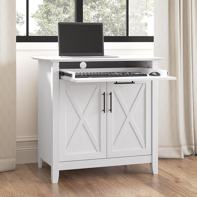 Bush Furniture Key West Secretary Desk | Accent Cabinet with Work Surface in Pure White Oak | 30W x 20D Hidden Writing Table and Storage for Small Spaces