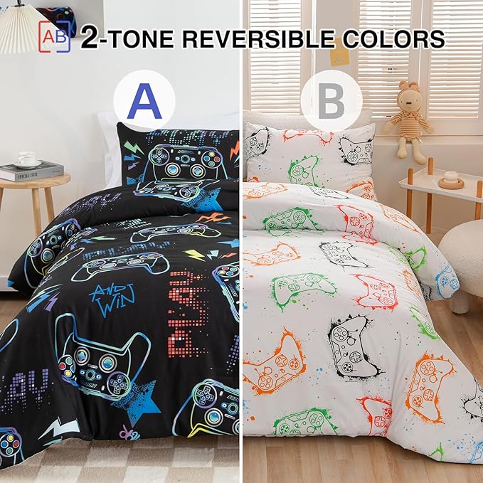 Meeting Story Gamer Gaming Bedding Sets Fluorescence Gamepad Comforter Set for Boys Games Console Action Buttons Novelty Colorful Modern Room Decor Home Quilt Set (Black, Queen)